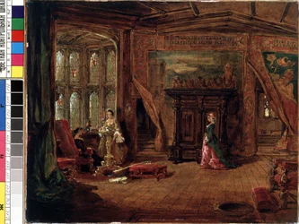 Interiør scene. Maleri af Karl Zimmermann (1796-1820). Olie på lærred, 37,7 x 56 cm. 1800-tallets tysk kunst. Statens M.K. Ciurlionis kunstmuseum, Kaunas (Litauen).
