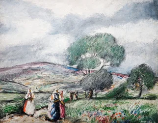 Stormfuldt landskab med blå og røde figurer, 1940.
