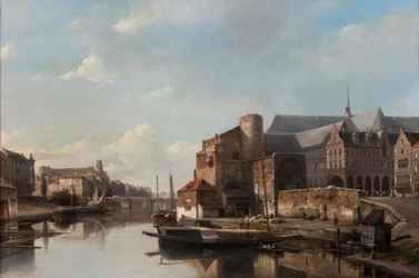 En Capriccio-udsigt over en hollandsk by langs en flod