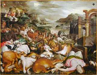 Noah, hans familie og alle dyrene forlader arken (maleri på lærred)