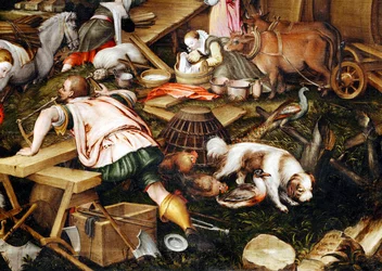 Dyrene går ind i Noahs Ark ... (maleri på lærred)