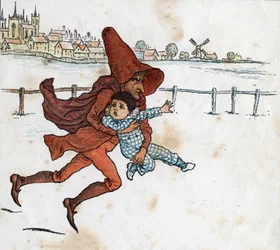 En leprechaun tager et lille barn. Illustration af Kate Greenaway (1846-1901) fra børnehistoriebogen "" Under The Window"" (1879), redigeret af Edmund Evans.