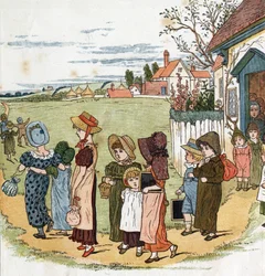 Ud af skolen. Illustration af Kate Greenaway (1846-1901) fra bogen med eventyr og børnerim for børn "" Under The Window" (1879), redigeret af Edmund Evans.