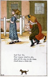 Fortællemejse/Din tunge skal skæres over: Illustration af Kate Greenaway (1846-1901) til en bog med børnerim. Kromolitografi