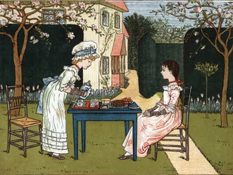 Tid på dagen: to unge piger smager det i en have. Illustration af Kate Greenaway (1846-1901) fra bogen med eventyr og børnerim for børn "" Under The Window" (1879), redigeret af Edmund Evans.