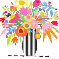 Blomster og striber 1, 2024 (digital illustration fra original collage på træpanel)