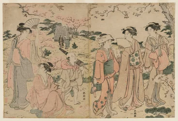 Kvinder ser kirsebærblomster i Asukayama, 1780