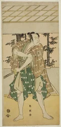 Skuespilleren Ichikawa Omezo I som bådføreren Takihei () i stykket Ofunamori Ebi no Kaomise (), opført på Kawarazaki-teatret () i den ellevte måned, 1792 ()