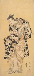 Skuespilleren Ichikawa Yaozo III som Fuwa Banzaemon in a Thunder Robe, Playing with a Fan, 1794.
