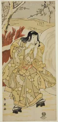 Skuespilleren Iwai Hanshiro IV som en dreng, der puster på sine hænder ved siden af en stor snebold, i stykket Nigiwai Genji Hana Saku Kado, opført på Kawarazaki-teatret i den ellevte måned, 1793.