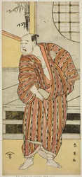 Skuespilleren Kataoka Nizaemon VII som Hayakawa Matabei () i skuespillet Furiwake-gami Aoyagi Soga (), opført på Miyako-teatret () i den første måned, 1796 ()