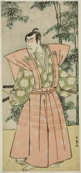 Skuespilleren Matsumoto Koshiro IV som Hatakeyama Shigetada forklædt som Honjo Soheiji () i skuespillet Edo no Fuji Wakayagi Soga (), opført på Nakamura-teatret () i den første måned, 1789 ()
