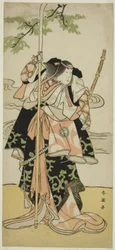 Skuespilleren Segawa Kikunojo III som Lady Tomoe (Tomoe Gozen) i stykket Yasa Gumbai Miyako no Jindori, opført på Miyako-teatret i den ellevte måned, ca. 1793 (farvetræsnit; hosoban)