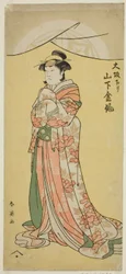 Skuespilleren Yamashita Kinsaku II som tjenestepigen Tsumagi i stykket "Otokyama O-Edo no Ishizue", der blev opført på Kiri-teatret i den 11. måned 1794.