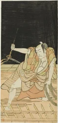 Skuespillerne Nakamura Nakazô I som Danshichi Kurobei og Ichikawa Danjûrô V som Issun Tokubei i "Mirror of Osaka in the SummerFestival" ("Natsu MatsuriNaniwa Kagami")