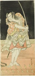 Skuespillerne Nakamura Nakazô I som Danshichi Kurobei og Ichikawa Danjûrô V som Issun Tokubei i "Mirror of Osaka in the Summer Festival" ("Natsu Matsuri Naniwa Kagami").
