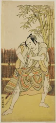 Skuespilleren Bando Mitsugoro I som Ogata no Saburo forklædt som Yoroya Takiemon i stykket Mure Takamatsu Yuki no Shirahata, opført på Ichimura-teatret i den ellevte måned, 1780