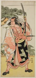 Skuespilleren Ichikawa Danjuro V som Kajiwara Genta Kagesue i stykket Yuki Nazuna Saiwai Soga, opført på Kiri-teatret i den første måned, 1787