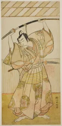 Skuespilleren Ichikawa Danjuro V som Taira no Munekiyo () fra skuespillet Kitekaeru Nishiki no Wakayaka (), opført på Nakamura-teatret () i den ellevte måned, 1780 ()