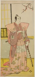 Skuespilleren Ichikawa Omezo I som Koyurugi Motomenosuke () i skuespillet Haru no Nishiki Date-zome Soga (), opført på Nakamura-teatret () i den første måned, 1790 ()