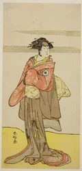 Skuespilleren Iwai Hanshiro IV som Hitomaru forklædt som geishaen Oshun i stykket Edo no Hana Mimasu Soga, opført på Nakamura-teatret i den tredje måned, 1783