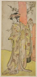 Skuespilleren Iwai Hanshiro IV som Kitsune ga Saki Otama () i skuespillet Miyakodori Yayoi no Watashi (), opført på Kiri-teatret () i den tredje måned, 1787 ()