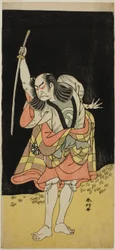 Skuespilleren Nakamura Nakazo I som Ippei () i skuespillet Koi Nyobo Somewake Tazuna (), opført på Ichimura-teatret () i den ottende måned, 1778 ()