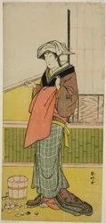 Skuespilleren Nakamura Riko I som Moshio () i skuespillet Honda Yayoi Meoto Junrei (), opført på Ichimura-teatret () i den syvende måned, 1778 ()