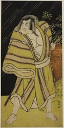 Skuespilleren Sakata Hangoro II som sumobryderen Kujaku Saburo Narihira () i stykket Sugata no Hana Yuki no Kuronushi (), opført på Ichimura-teatret () i den ellevte måned, 1776 ()