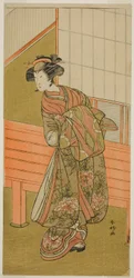 Skuespilleren Segawa Kikunojo III som kurtisanen Takamura fra Onoteruya () i stykket Sugata no Hana Yuki no Kuromushi (), opført på Ichimura-teatret () i den ellevte måned, 1776 ()