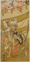 Skuespillerne Ichikawa Raizo II som Kojiro Masahira (til højre) og Ichikawa Danzo IV som Doi no Yataro (til venstre) i stykket Kaomise Ama no Iwato, opført på Nakamura-teatret i den ellevte måned, 1774.