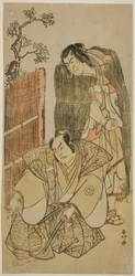 Skuespillerne Nakamura Nakazo I som Kagekiyo klædt ud som tigger (til højre) og Otani Hiroji III som Onio Shinzaemon (til venstre) i stykket Kotobuki Banzei Soga, opført på Ichimura-teatret i den tredje måned, 1783
