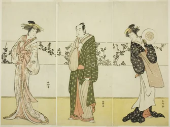 Skuespillerne Osagawa Tsuneyo II (til højre), Ichikawa Monnosuke II (i midten) og Segawa Kikunojo III (til venstre), muligvis som Misao Gozen, Matsuya Soshichi og kurtisanen Kojoro fra Hakata i stykket Chiyo no Hajime Ondo no Seto (Evighedens begyndelse: T
