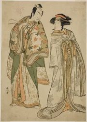 Skuespillerne Segawa Kikunojo III som kurtisanen Sumizome (til højre) og Ichikawa Monnosuke II som Goinosuke Yoshimine (til venstre), i stykket Juni-hitoe Komachi-zakura, opført på Kiri-teatret i den ellevte måned, 1784