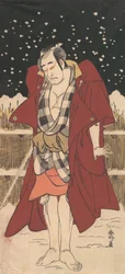 Onoe Matsusuke som mand bevæbnet med et sværd, stående i sne foran et hegn, 1786.