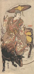 Skuespilleren Matsumoto Koshiro IV på en okse i en snestorm, ca. 1790.
