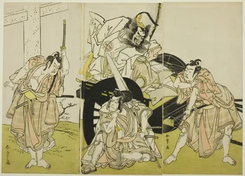 Skuespillerne Nakajima Mihoemon II som Fujiwara no Shihei, Ichikawa Ebizô III som Matsuo-maru, Ichikawa Yaozô II som Sakura-maru og Ichimura Uzaemon IX som Umeo-maru i "Sugawara