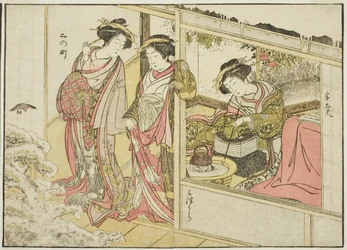 Courtesans of the Nakaomiya, fra bogen "Mirror of Beautiful Women of the Pleasure Quarters (Seiro bijin awase sugata kagami)," vol. 2
