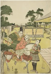 Musashibo Research B Rings Tee Katsured ja Sabo Shoshun ja Yoshitsune In Tee Pay Horikawa Yochi no Zukie Nimaizuki, c. 1782 (Kor wo dback print; Oban)