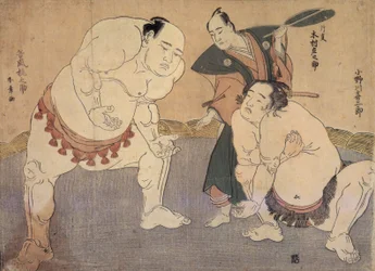 Onagawa Kisaburo og Tanikaze Kajinosuke udfører Shiriki i Dohyo, dømt af Kimura Shonosuke