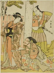Scene ved Tsurugaoka Hachiman-helligdommen, fra første akt af Chushingura (Treasury of the Foury-7 Loyal Retainers), fra serien "Chushingura Juichimai-Tsuzuki (Sæt med elleve ark, der illustrerer Chushingura)"