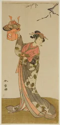 Skuespilleren Arashi Hinaji I som Hananoi i skuespillet Gosho-zakura Horikawa Youchi, opført på Ichimura Theatre i den fjerde måned, 1773