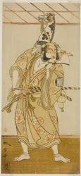 Skuespilleren Arashi Sangoro II som Asahina Saburo i stykket Iro Maki-e Soga no Sakazuki, opført på Morita Theatre i den første måned, 1773