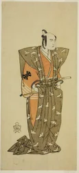Skuespilleren Bando Mitsugoro I som Soga no Juro Sukenari (?) i skuespillet Shuen Soga Omugaeshi (?), opført på Ichimura Theatre (?) i den anden måned, 1768 (?)