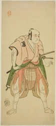 Skuespilleren Bando Sampachi I som Yawata no Saburo (?) i skuespillet Shuen Soga Omugaeshi (?), opført på Ichimura Theatre (?) i den anden måned, 1768 (?)