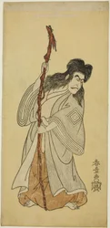 Skuespilleren Ichikawa Danjuro IV muligvis som Tenjiku Tokubei i stykket "Tenjiku Tokubei drejer roret mod hjem (Tenjiku Tokubei Kokyo no Torikaji)" opført på Nakamura-teatret i den ottende måned, 1768