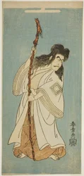 Skuespilleren Ichikawa Danjuro IV muligvis som Tenjiku Tokubei i stykket "Tenjiku Tokubei vender roret mod hjem (Tenjiku Tokubei Kokyo no Torikaji)" opført på Nakamura Theatre i den ottende måned, 1768