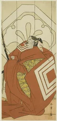 Skuespilleren Ichikawa Danjuro V i en "Shibaraku"-rolle, sandsynligvis som Kato Hyoeisa Shigemitsu, i tredje scene af skuespillet Masakado Kammuri no Hatsuyuki (Den første sne på Taira no Masakados hof-hovedbeklædning), opført på Nakamura-teatret i det ell