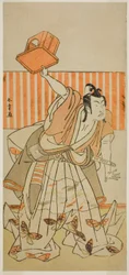 Skuespilleren Ichikawa Monnosuke II som Ageha no Chokichi Forklædt som Soga no Goro Tokimune i stykket Kaido Ichi Yawaragi Soga, opført på Nakamura Theatre i den tredje måned, 1778