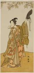 Skuespilleren Ichikawa Monnosuke II som Shimokobe Shoji Yukihira i skuespillet Gohiiki Kanjincho (Dit yndlingsspil Kanjincho [Abonnementslisten]), opført på Nakamura Theatre fra den første dag i den ellevte måned, 1773